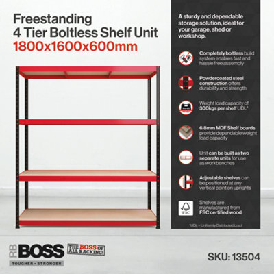 RB BOSS Garage Shelving Unit 4 Shelf MDF Red & Black Powder Coated Steel (H)1800mm (W)1600mm (D)600mm