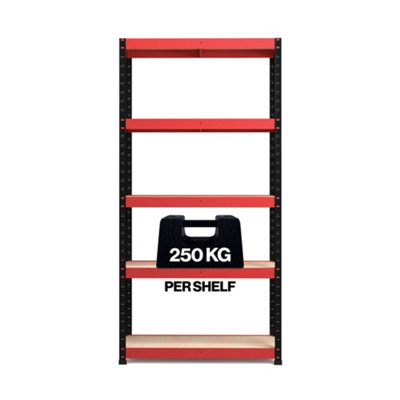 RB BOSS Garage Shelving Unit 4 Shelf MDF Red & Black Powder Coated Steel (H)1800mm (W)900mm (D)300mm