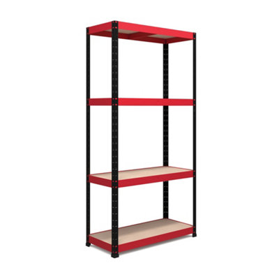 RB BOSS Garage Shelving Unit 4 Shelf MDF Red & Black Powder Coated Steel (H)1800mm (W)900mm (D)400mm