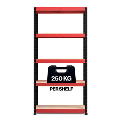RB BOSS Garage Shelving Unit 5 Shelf MDF Red & Black Powder Coated Steel (H)1800mm (W)900mm (D)400mm