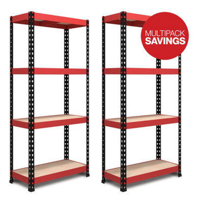 RB BOSS Garage Shelving Unit FastLok 4 Shelf MDF Red & Black Powder Coated Steel (H)1600mm (W)750mm (D)350mm, Pack of 2