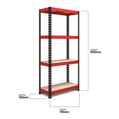 RB BOSS Garage Shelving Unit FastLok 4 Shelf MDF Red & Black Powder Coated Steel (H)1600mm (W)750mm (D)350mm, Pack of 2