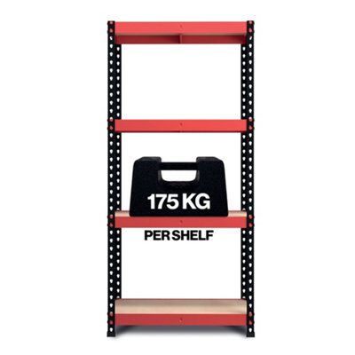 RB BOSS Garage Shelving Unit FastLok 4 Shelf MDF Red & Black Powder Coated Steel (H)1600mm (W)750mm (D)350mm, Pack of 2