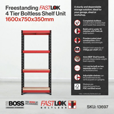 RB BOSS Garage Shelving Unit FastLok 4 Shelf MDF Red & Black Powder Coated Steel (H)1600mm (W)750mm (D)350mm, Pack of 2