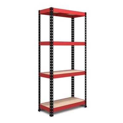 RB BOSS Garage Shelving Unit FastLok 4 Shelf MDF Red & Black Powder Coated Steel (H) 1800mm (W) 900mm (D) 300mm