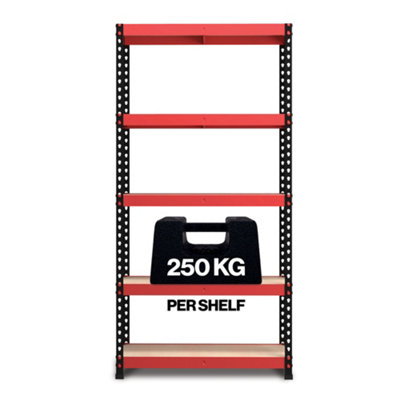 RB BOSS Garage Shelving Unit FastLok 5 Shelf MDF Red & Black Powder Coated Steel (H) 1800mm (W) 900mm (D) 300mm