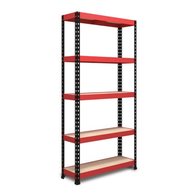 RB BOSS Garage Shelving Unit FastLok 5 Shelf MDF Red & Black Powder Coated Steel (H) 1800mm (W) 900mm (D) 400mm