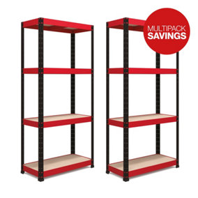 RB BOSS Garage Shelving Units 4 Shelf MDF Red & Black Powder Coated Steel (H)1600mm (W)750mm (D)350mm, Pack of 2