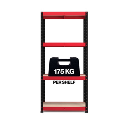 RB BOSS Garage Shelving Units 4 Shelf MDF Red & Black Powder Coated Steel (H)1600mm (W)750mm (D)350mm, Pack of 2