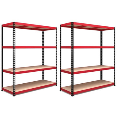 RB BOSS Garage Shelving Units FastLok 4 Shelf MDF Red & Black Powder Coated Steel (H)1980mm (W)1830mm (D)610mm, Pack of 2