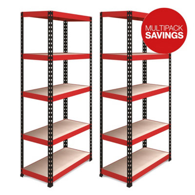 RB BOSS Garage Shelving Units FastLok 5 Shelf MDF Red & Black Powder Coated Steel (H)1800mm (W)900mm (D)450mm, Pack of 2