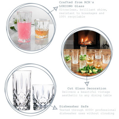 RCR Crystal - Orchestra Cut Glass Whiskey Tumblers and Highball Cocktail Glasses - 340ml, 396ml - 12pc Set
