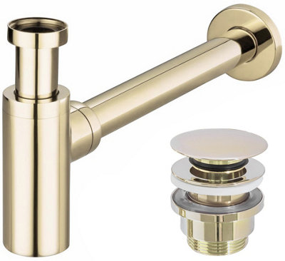 Rea Shiny Golden Colour Brass Waste Bottle Basin Trap + Click-Clack Sink Drain