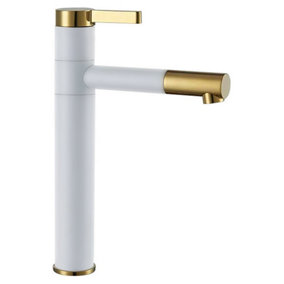 Rea Tall Basin Tap White/Gold Colour Finished Brass Bathroom Standing Faucet Mixer