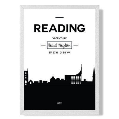 Reading Black and White City Skyline Poster with Hanger / 33cm / White