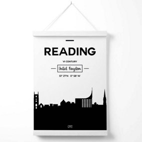 Reading Black and White City Skyline Poster with Hanger / 33cm / White