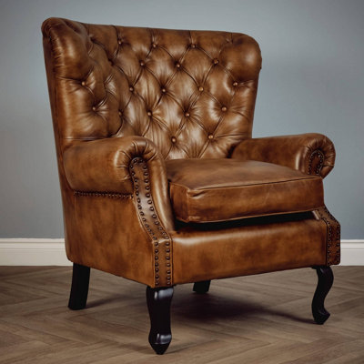 Real Genuine Leather High Back Wing Accent Arm Chair Queen Anne Tan Brown Grey 104cm High x 85cm Wide x 88cm Deep