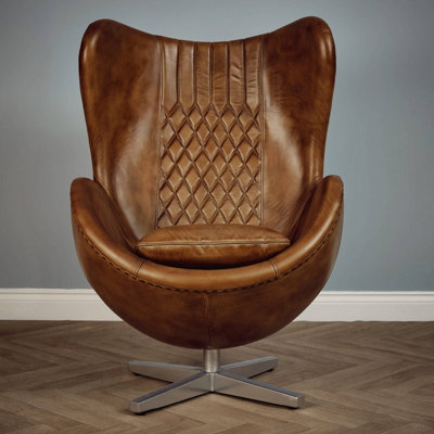 Real Genuine Leather Swivel Egg Aviator Wing Accent Arm Chair Brown Tan