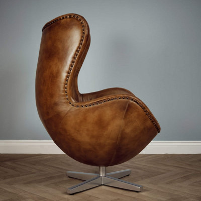 Real Genuine Leather Swivel Egg Aviator Wing Accent Arm Chair Brown Tan