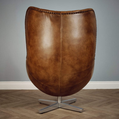 Real Genuine Leather Swivel Egg Aviator Wing Accent Arm Chair Brown Tan