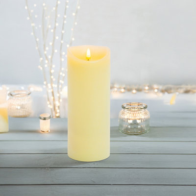 Real Wax Flickering LED Battery Candle Dancing Flame Cream Pillar 23cm