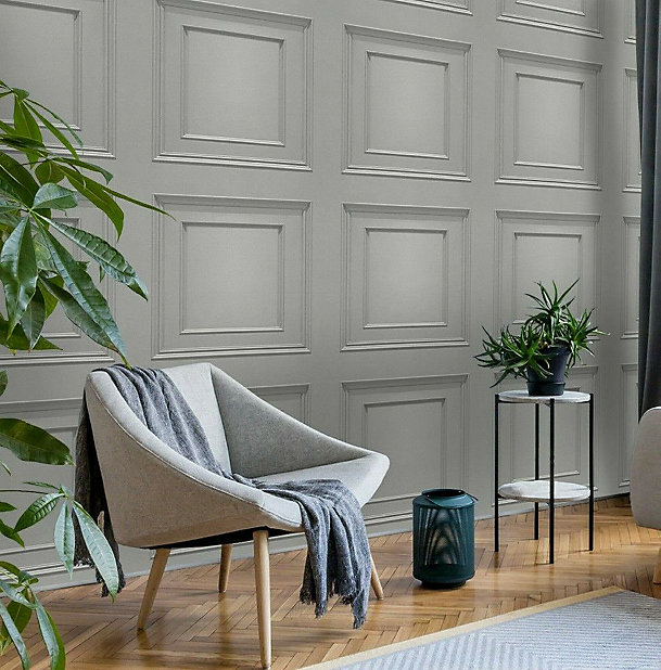 Realisitc Wood Panel Coving Effect Modern Feature Grey Wallpaper 8492 FULL  ROLL - Grey Wood Panel 8492 | DIY at B&Q