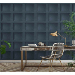 Realisitc Wood Panel Coving Effect Modern Feature Pink Teal Grey Cream Wallpaper Navy Wood Panel GR0001