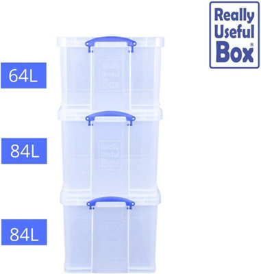 Really Useful Box Plastic Storage (Bonus Pack of 3) 2 x 84 Litre + 1 x 64 Litre Clear