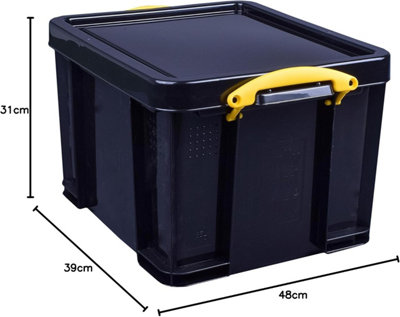 Really Useful Plastic Storage Box 35 Litre Solid Black with Yellow Handles