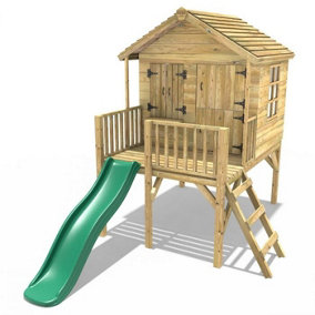 Rebo 5FT x 5FT Childrens Wooden Garden Playhouse on Deck + 6ft Slide- Nightingale Green