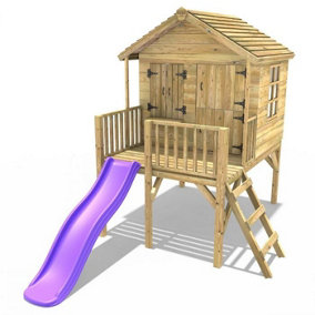 Rebo 5FT x 5FT Childrens Wooden Garden Playhouse on Deck + 6ft Slide- Nightingale Purple