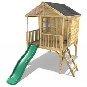 Rebo 5FT x 5FT Childrens Wooden Garden Playhouse on Deck + 6ft Slide - Partridge Green