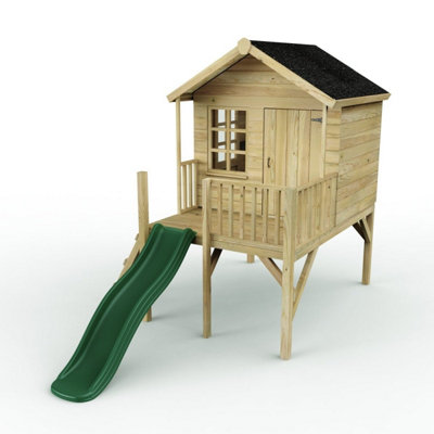 Rebo 5FT x 5FT Childrens Wooden Garden Playhouse on Deck + 6ft Slide - Pheasant Green