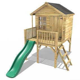 Rebo 5FT x 5FT Childrens Wooden Garden Playhouse on Deck + 6ft Slide - Pheasant Green