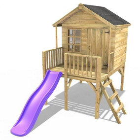 Rebo 5FT x 5FT Childrens Wooden Garden Playhouse on Deck + 6ft Slide - Pheasant Purple