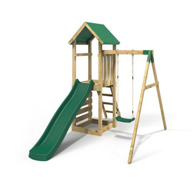 Wooden climbing frame store with swing