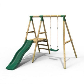 Rebo Apollo Wooden Garden Swing Set with Platform and Slide - Green