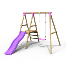 Rebo Apollo Wooden Garden Swing Set with Platform and Slide - Pink
