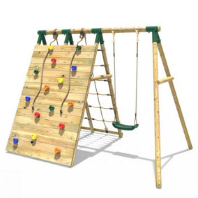 Rebo Beat The Wall Wooden Swing Set with Double up & Over Climbing Wall -Apex