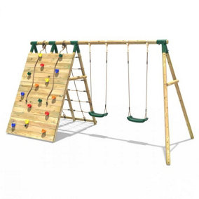 Rebo Beat The Wall Wooden Swing Set with Double up & Over Climbing Wall -Capstone