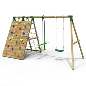 Rebo Beat The Wall Wooden Swing Set with Double up & Over Climbing Wall -Peak