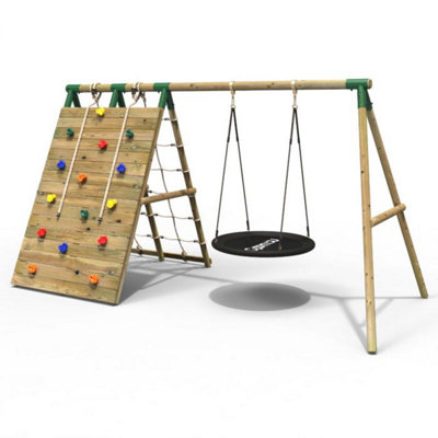 Rebo Beat The Wall Wooden Swing Set with Double up & Over Climbing Wall  -Zenith