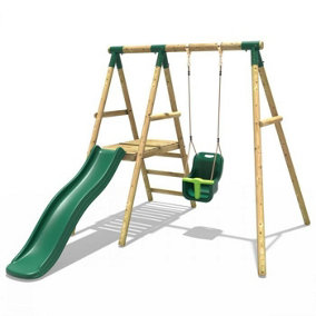 Rebo Cassini Wooden Garden Swing Set with Baby Swing, Platform and Slide - Green