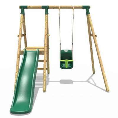 Rebo Cassini Wooden Garden Swing Set with Baby Swing, Platform and Slide - Green