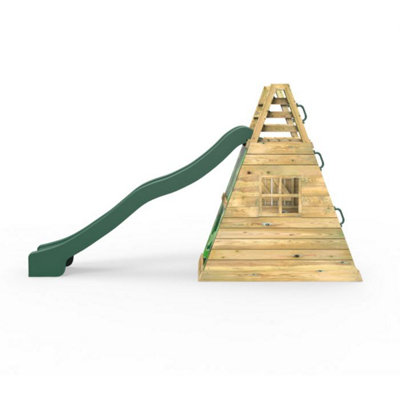 Rebo Children's Wooden Free Standing 10ft Kids Water Slide with Adventure Wall and Den - Green