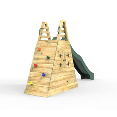 Rebo Children's Wooden Free Standing 10ft Kids Water Slide with Climbing Wall and Secret Den - Green