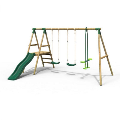 Rebo Explorer Wooden Garden Swing Set With 2 Standard Swings, Glider ...