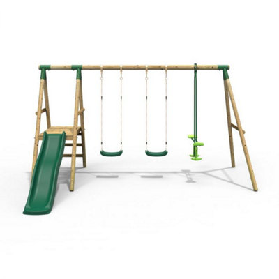 Rebo Explorer Wooden Garden Swing Set with 2 Standard Swings, Glider, Platform and Slide - Green