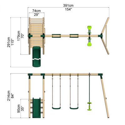 Rebo Explorer Wooden Garden Swing Set with 2 Standard Swings, Glider, Platform and Slide - Green