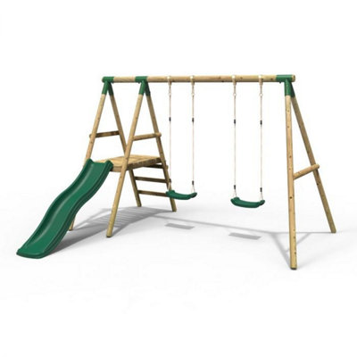 Rebo Gemini Wooden Garden Swing Set with 2 Swings, Platform and Slide ...